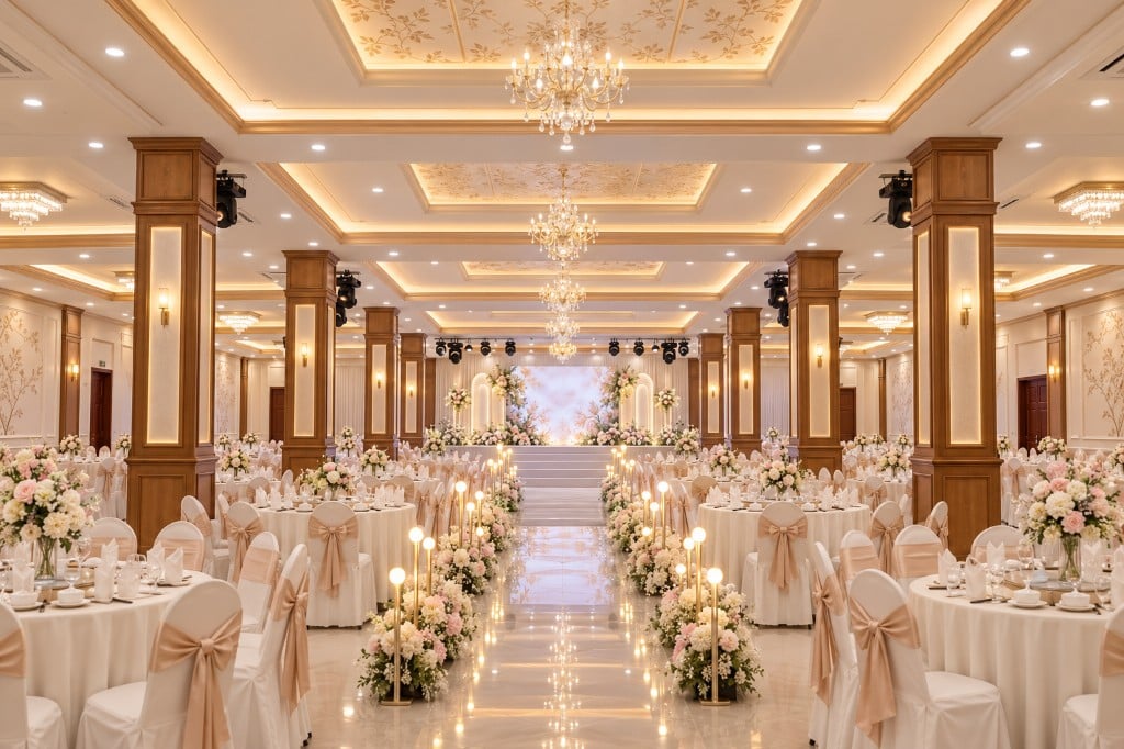 Sảnh Cát Tường tại Võ Gia Palace — cột gỗ, đèn chùm và lối đi hoa