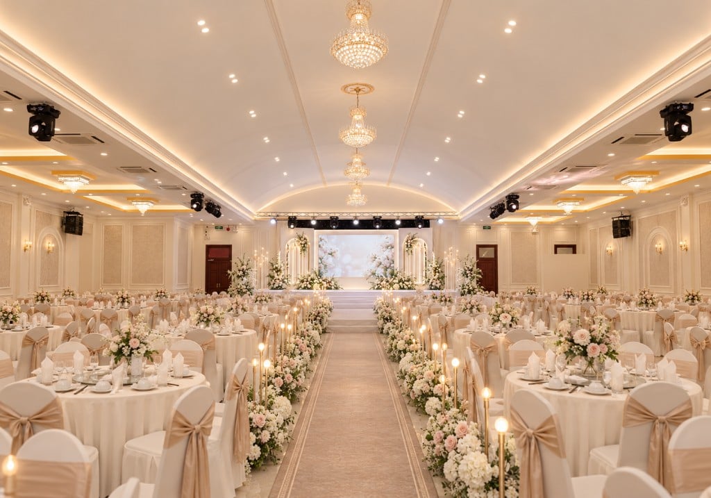 Sảnh Hoàng Gia tại Võ Gia Palace — trần vòm, viền vàng và sân khấu trung tâm